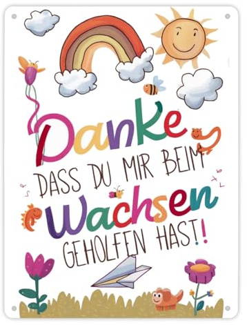 Danke, dass du mir beim Wachsen geholfen hast Metallschild XL in 21x28 cm fröhliche bunte Illustration mit weißer lachender Sonne