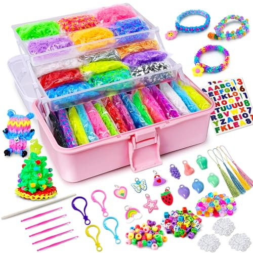 ROSHUKG 45 Colours Loom Bands Kit with 3 Layer Container, Rubber Bands Bracelet Making Kit for Boys Girls Weaving Gift(Pink)