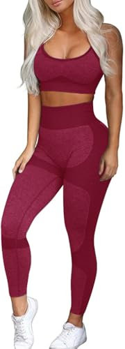 OLCHEE Damen Workout Sets 2-teilig - Nahtlose Yoga-Leggings und Cross-Strap Sport-BH Gym Outfits Activewear Matching Set, BH und Leggings: rot, X-Large
