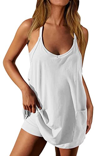 Salopette Femme Ample U-Neck Combinaisons sans Manches avec Poches Lâches Vêtement de Travail Barboteuse Femme Larges Bretelles Décontractée Combishort D'été Haut avec Short Chic et Elegant
