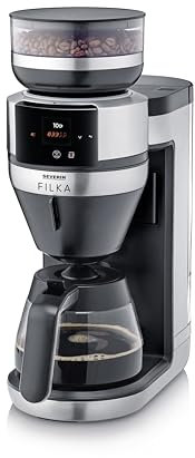 Severin Cafetière filtre automatique FILKA verseuse en verre, Cafetiere avec broyeur, Adapte la quantité d'eau à votre envie : mug, tasse, verseuse, KA 9694, Inox/Noir