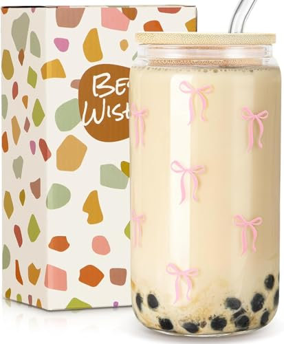 Verres à boire avec couvercle et ruban rose paille Verres à café glacé Tasses en verre de 500 ml pour café glacé, thé à bulles ou cocktails