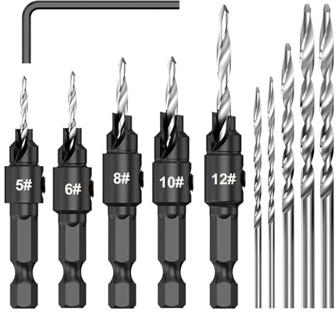 Jeu de Forets à Chanfreiner, 5pcs Foret Bois Fraise Bois 1/4 Réglable Perçage pour Le Travail avec 5 Forets Hélicoïdaux une Clé en l, Acier Rapide 4241