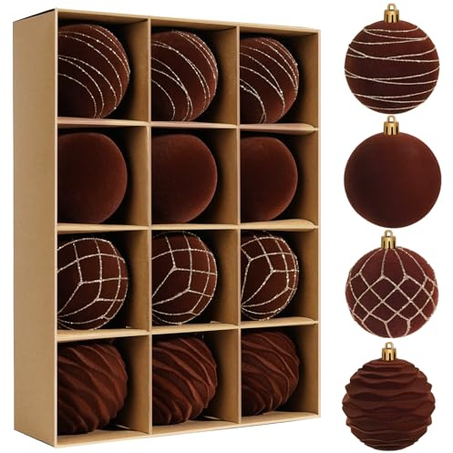 Miaikoe 12pcs Samt Weihnachts Ornamente Kugeln Sets für Weihnachten, Kunststoff zerstörungsdicht Weihnachtsbaum Flocked 8 cm Ornamente Kugeln für Winter Urlaub Dekor (Braun)