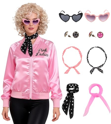 Miulruma Pink Ladies 50er Jahre Outfit Damen Schicke Jacke Kostüm Set für Damen Pink Jacke aus Satin mit Brille Ohrringe Halloween Fasching Kostüm Party A019-M