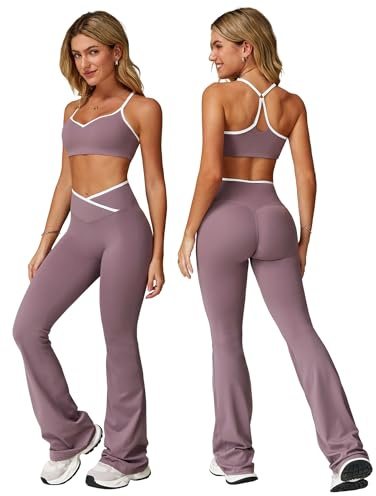 IDOPIP Sport-Set Zweiteiler Damen für Fitness: Kontrastfarbe Rückenfrei Gym Set mit Kompression gepolstertem BH und Crossover Po-Lifting Leggings Schlaghose - Yoga Outfit für Pilates Workout