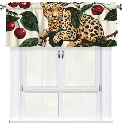 Kaifanee 1 Panel Short Curtain Valance 54 x 18 Inch, Cherry Tree Cheetah Window Treatments Valance Curtains for Kitchen Bathroom Laundry
