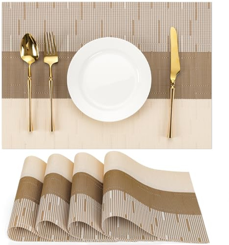 Chitomars Tischsets abwaschbar, Platzsets abwaschbar PVC Platzdeckchen | 4er Set Tischsets Outdoor Vinyl hitzebeständig Gewebte Platzdeckchen für Häuser Restaurants Hotel (Beige Braun, 4er Set)