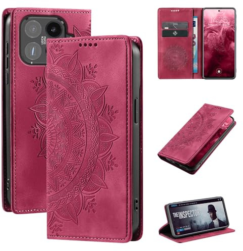 LBH Handyhülle für Xiaomi 15T Pro Mandala Klapphülle RFID Schutz Kartenfächer Geldfach Design Cover Case Flipcase Magenta Rot