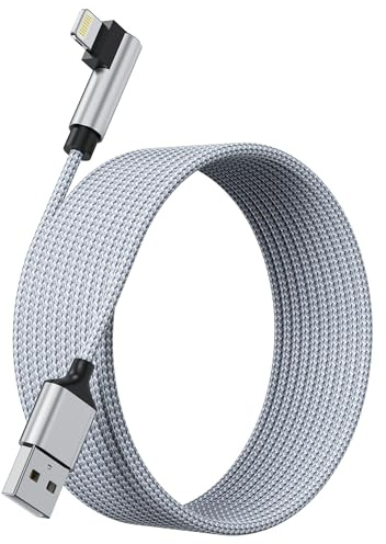 Ulyuhoda iPhone Ladekabel 5m [MFi Zertifizierung], Extra Lange Nylon Rechter Winkel 90 Grad USB A Auf Lightning 2.4A Schnelllade für iPhone 14/13/12/11/Pro/Xs Max/X/8/7/Plus/6S/6/SE/5S iPad, GrauWeiß