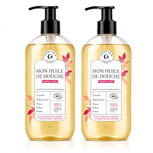 Lot de 2 Huiles de Douche Bio 1L – Visage & Corps – 98% d'Origine Naturelle – Nettoyante & Nourrissante – Peaux Sèches & Sensibles – Format Économique