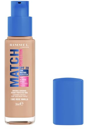 Rimmel Match Perfection Foundation, 150C Rose Vanilla, Invisible Coverage, Pore-blurring, Medium coverage. Visibly perfected skin. SPF20, 30ml, Cruelty Free