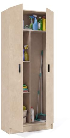 duehome | Armario Multiusos, Escobero, 2 Puertas, Modelo Multi Useful, Acabado en Color Microcemento Beige, Medidas: 73 cm (Ancho) x180 cm (Alto) x 37 cm (Fondo)