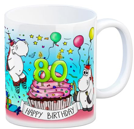 Honeycorns Tasse zum 80. Geburtstag mit Muffin und Einhorn Party Kaffeebecher