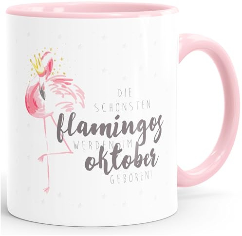 MoonWorks Geburtstags-Tasse Flamingo Krone die schönsten Flamingos werden im Oktober geboren Geschenk-Tasse farbiger Henkel Rosa unisize