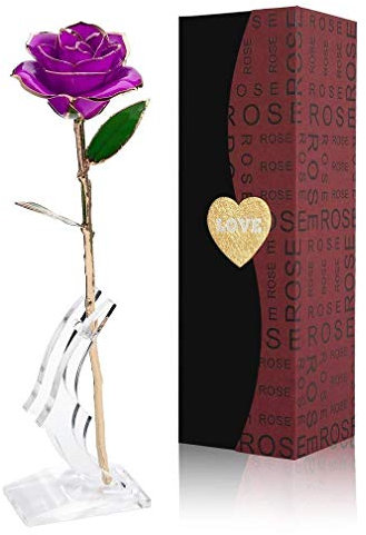YONII Cadeau Femme Rose, 24K Rose Plaqué Or, élégante Fleur Romantique éternelle avec Boîte Cadeau de Luxe Idéal pour Amie Saint Valentin, Fête des Mères, Anniversaire, Mariage (Purple)