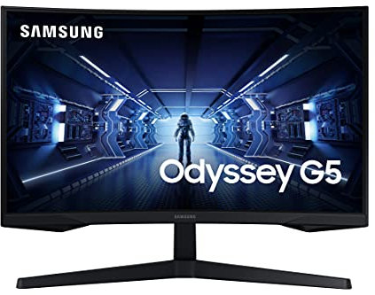 Samsung Monitor Gaming Curvo G55, 27, VA, WQHD, 2560 x 1440, 16:9, 144Hz, 1 ms, HDR, Freesync Premium, Display Port 1.2, HDMI 2.0, Eye Saver Mode, Flicker Free, Super Arena Gaming UX, Cavo HDMI, Nero
