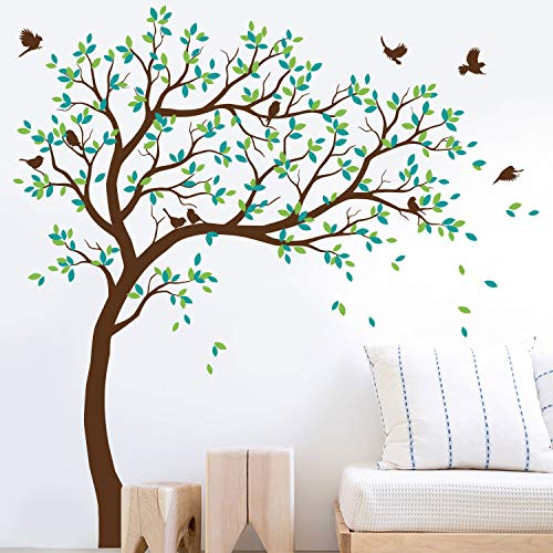 Großer Wandaufkleber Baum Kinderzimmer Mit Vögeln - Wandsticker Wandtattoo Vinyl Wanddekor KW032 (Äste Nach Rechts, Braun, Limettengrün, Türkis)