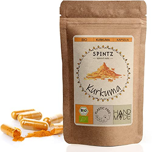 SPINTZ 210 Stk. Bio Kurkuma Kapseln - 620mg Kurkumapulver pro Kapsel - Pulver aus gemahlenem Curcurma, Gelbwurzel - hochdosiert - vegan und 100% natürlich | plastikfrei verpackt