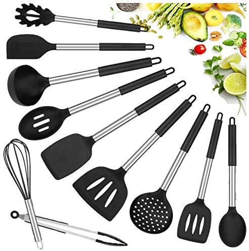 JJA Stainless Steel Kitchen Utensil Set, 11 Pcs Non-Stick Cooking Utensils, Heat Resistant Kitchen Gadgets for Cookware, Stainless Steel Handled with Silicone Tongs Culinary Tools (Black)