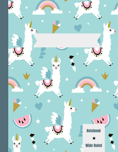 Llama Unicorn Composition Notebook: Llama Unicorn Design, Wide Ruled Lined Paper Matte Notebook for Girls, School, Journal, Writing, 8.5 x 11, 100 pages