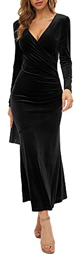Women's V Neck Wrap Long Sleeve Elegant Mermaid Velvet Cocktail Maxi Dress Evening Party, Black, X-Large