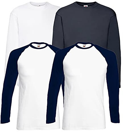 Fruit of the Loom 4 T Shirt Longsleeve Baseball T M L XL XXL Langarm (XXL, 2 Base WhiteNavy + 1LS Weiss + 1LS Deep Navy + 1 HLKauf Notizblock)