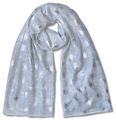 thb Richter Damen Langerschal mit Pusteblume Löwenzahnblumen Muster Schals Halstuch Natur Pusteblumen Meliert Blumen Metallic-Silber-Aufdruck (Langer Schal - Grau)