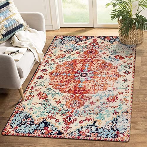 KIMODE Boho Blumen Medaillon Teppich Wohnzimmer, 120 x 180 cm Orientalischer Distressed Teppich Groß Weiche rutschfest Waschbarer Kurzflor Teppich Für Schlafzimmer Esszimmer