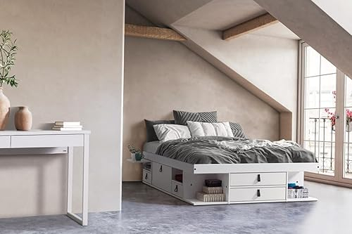 Bett mit Stauraum Bali 160x200 Weiß – Platzwunder für kleine Schlafzimmer mit Bettkasten & Lattenrost – Robustes, stilvolles Funktionsbett für maximalen Stauraum & Komfort – für Ordnungsfans