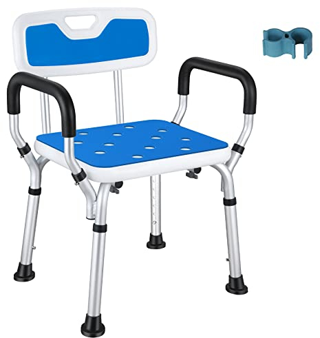 NArra Shower Stool with Pad, Height Adjustable Shower Chair with Detachable Armrests Backrest, Heavy Duty Perching Stool Load up to 150kg, Bath Chair Bathroom Aid for Seniors, Pregnant Women, Disabled