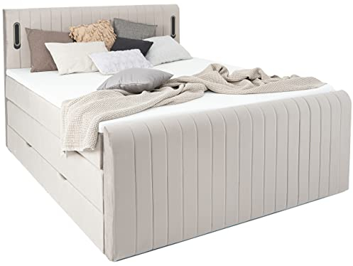 wonello Boxspringbett 160x200 mit Bettkasten und LED Beleuchtung - gemütliches Bett mit LED Beleuchtung - Stauraumbett 160 x 200 cm beige mit Matratze und Topper Samt-Stoff