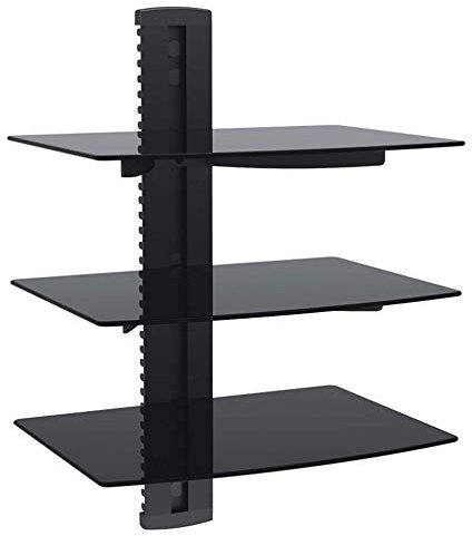 Floating Black Shelf with Flat Black Wall Mount Bracket and Strengthened Tempered Black Glass | for DVD Player, Virgin Box, Games Consoles, TV Accessories, Speakers and More Functional