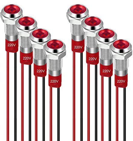 GUUZI 8pcs 6mm Voyant LED 220-230V Signal Lumineux étanche Panneau Métallique Voyant LED Montage sur Panneau Tête Plate Avec Fils Coque Argentée (Rouge)
