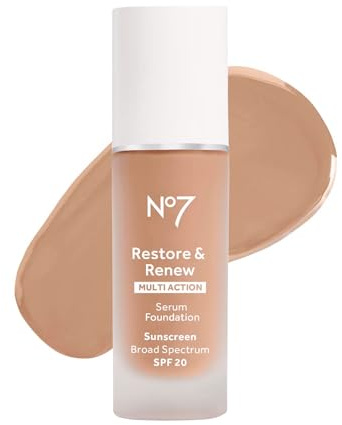 No7 Restore & Renew Multi Action Serum Foundation - Warm Beige - Liquid Foundation Makeup with Vitamin C, Vitamin E & Collagen for Face - Beauty Skin Serum Formula with Medium Coverage (30ml)