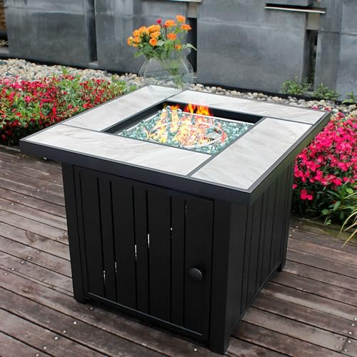 OutVue Fogón de propano de 30 pulgadas con mesa de cerámica real, mesa de gas de 50000 BTU con tapa y roca de vidrio, hoguera al aire libre para comedor o fiesta, chimenea para exterior, patio,
