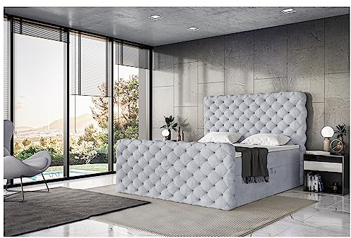 MEBLINI King Boxspringbett mit Bettkasten - Gepolstert Doppelbett mit Matratze und Topper - Polsterbett mit Stauraum - Bett mit Kopfteil - Stauraumbett - Duke - 180x200 - H4/Hellgrau Samt