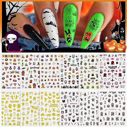 Kalolary 12 Sheets Self-Adhesive Halloween Nail Stickers - 3D Art Design With Mummy, Skeleton, Ghost, Tombstone Patterns for Nail Decoration (A)
