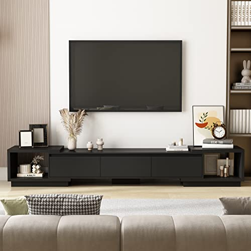 PREMTURE Mobile TV basso per televisori di tutte le dimensioni, supporto TV, 270 cm di lunghezza, tavolo TV con 3 cassetti, 2 scomparti aperti, 270 x 40 x 39 cm, soggiorno, nero, MDF