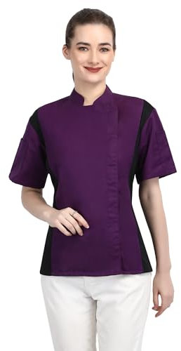 Kurzärmelige Kochjacke mit Reißverschluss für Damen, mit seitlichem Netz, ideal für Caterer und kulinarische Profis, violett, 46