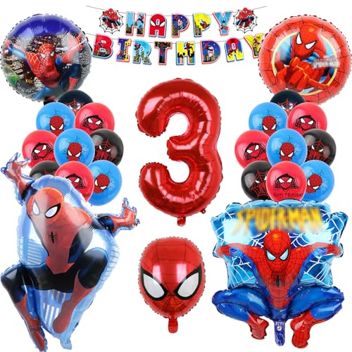 Oirigaga Geburtstagsdeko Luftballons Set, Geburtstag Ballons für 3 Jahre Jungen, Kindergeburtstag Party Deko Helium Balloons, Cartoon Anime Spidey Folienballons mit Happy Birthday Banner für Kinder