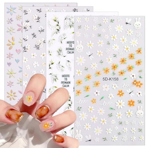 4 Blatt Blumen Nagelaufkleber, 3D Nail Art Sticker, Nagelsticker Selbstklebend, Art Gelnailsticker, DIY Nagel Dekoration für Damen, Mädchen, Maniküre, Nageldesign