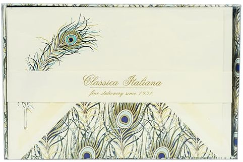 Generisch Rossi - 10er Design Briefkarten Set inkl. Briefbox „Pfauenfeder“ aus Italien 10 Bögen aus Schreibpapier & DIN B6 Brief-Kuvert - Schöne edle Brief Umschläge & Briefpapier (mit Goldprägung)