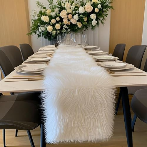 Kunstfell Tischläufer,Fell Tischläufer Weihnachten Weiß Modern Deko Oster Perfekt für Weihnachten ,Hochzeit Home Esstisch, Schminktisch, Couchtisch (30cm x 180cm)