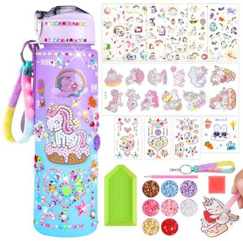 24 Pièces Gourde Licorne Fille Set, 900ml DIY Gourde Personnalisable Enfant, Bouteille D'Eau pour Enfant de 5 à 12 Ans, avec Autocollants Diamants, Autocollants Licornes, Pierres Précieuses