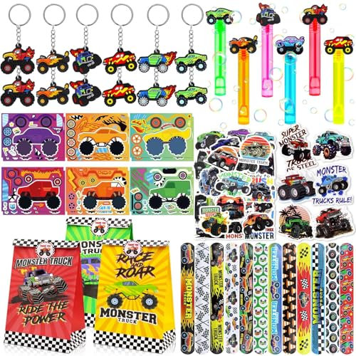 Moltby 110PC Monster Truck Party Mitgebsel - Truck Themed Party Geschenk Goodie Bags mit LKW Bubble Wand DIY Aufkleber Schlüsselanhänger Slap Armbänder für Geburtstag liefert