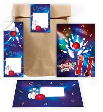 Limonia 12 Einladungskarten zum 11. Kindergeburtstag Bowling Party Kegeln neon Einladung Set Geburtstag Mädchen Kinder Jungs Jungen Boys Geschenktüte inkl. 12 Umschläge, 12 Tüten, 12 Aufkleber