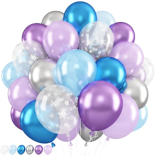Jobkoo Blue Purple Silver Balloons 12 Inch Snowflake Balloons Metallic Silver Purple Blue Helium Party Balloon for Girls Birthday Ice Snow Winter Wonderland Baby Shower Christmas Party Decorations