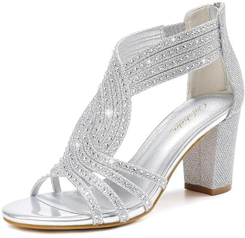 Gufobela Heels for Women Chunky Rhinestone Block Heeled Sandals Sparkly Open Toe Formal Dressy Shoes Wedding Prom Homecoming Hoco (1122 Silver 7.5)