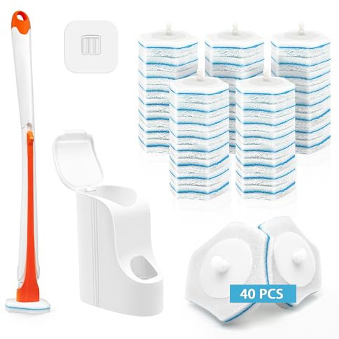 Dolanx Disposable Toilet Brush with 40 Refills, Wall Mounted Long Handle Compact Bathroom Bowl Cleaner Wand Holder Set for Sink Bathtub Wash Basin Mop Pool (Orange)